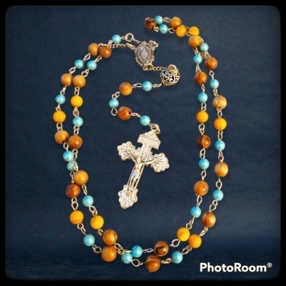HANDMADE Olive Wood Yellow Shell Aqua Glass 59 Bead Rosary - Picture 1 of 7